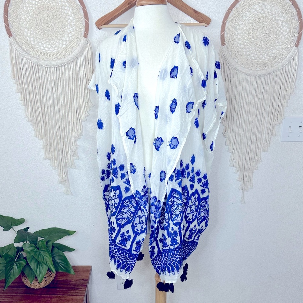 J crew blue and white boho Pom fringe detail kimono one size